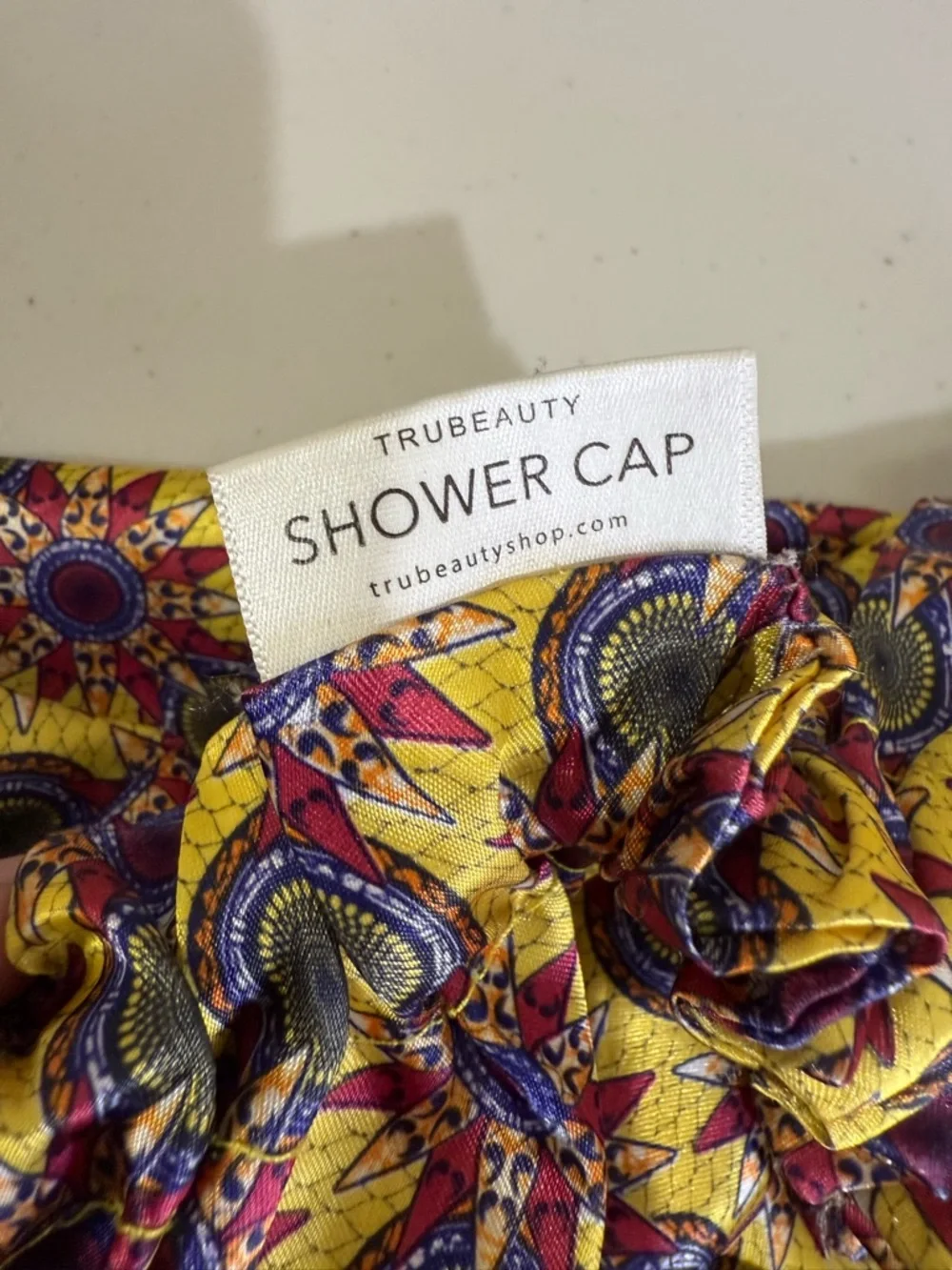 TRUBEAUTY Yellow Patterned Satin Hair Bonnet with Elastic Edge